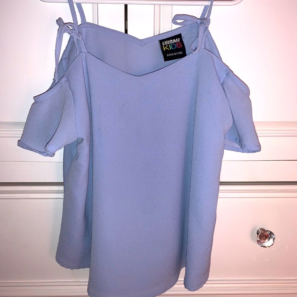 Light blue off the shoulder dress shirt